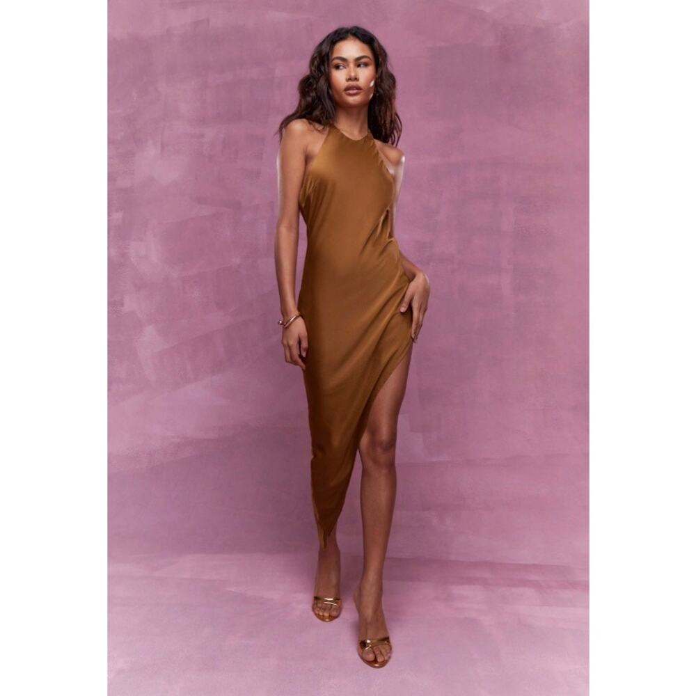 Missguided Brown Asymmetric Slip Mini Dress